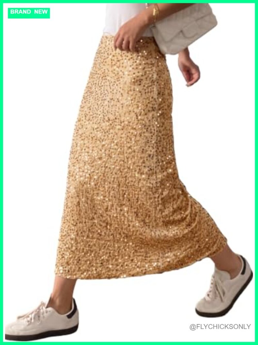 Sequin Maxi Skirt Elastic Waist A-Line Back Slit Night Out